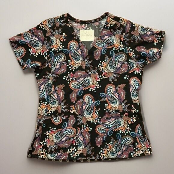 Vera Bradley Black Multicolor Floral Paisley Print Scrubs Top Womens Small - Picture 1 of 13